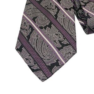 Platinum Designs Silk Tie Mens XL 66” Gray Black Paisley Chevron Stripe Wide New